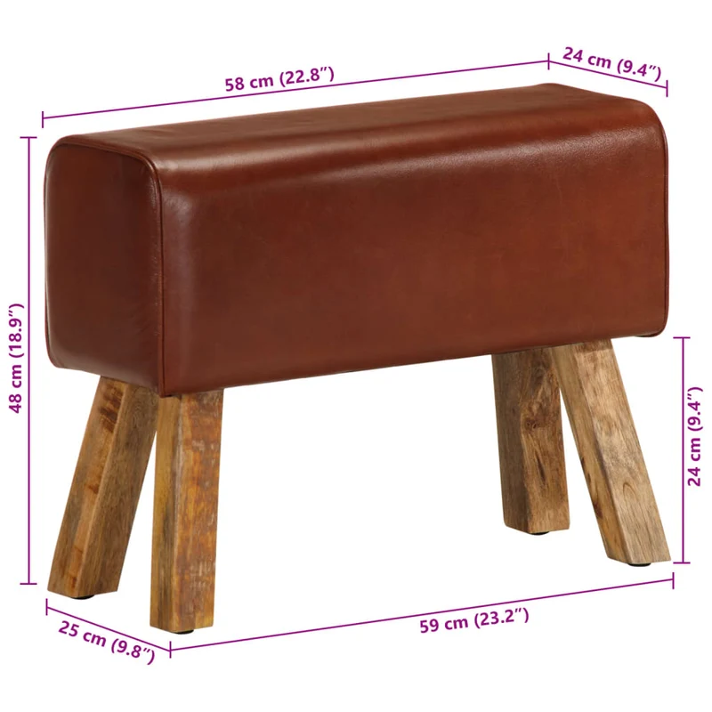 Banc tabouret design saut de cheval 58 cm en cuir véritable et manguier brun DEC025013