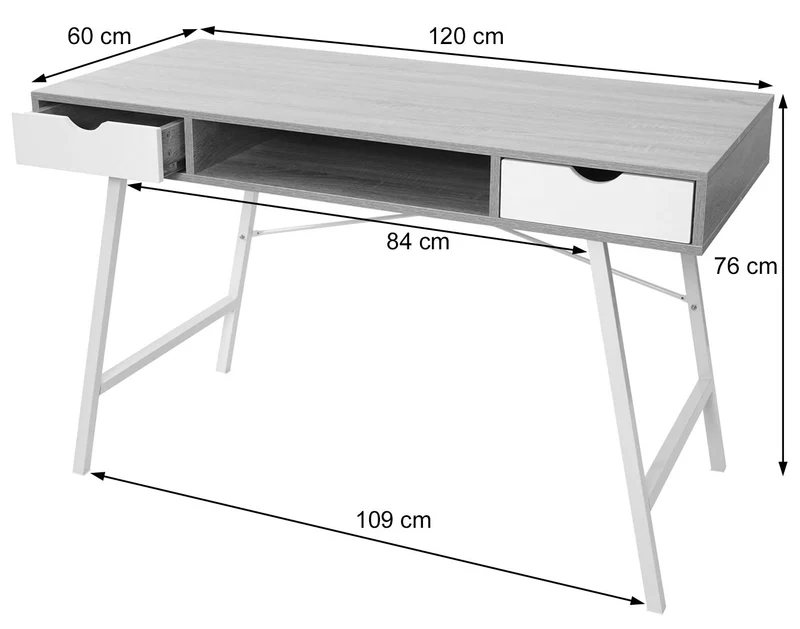 Bureau table d'ordinateur design scandinave avec 2 tiroirs 120x60cm en MDF blanc et brun naturel 04_0001440