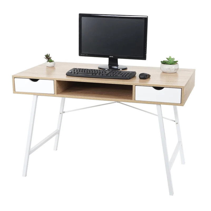 Bureau table d'ordinateur design scandinave avec 2 tiroirs 120x60cm en MDF blanc et brun naturel 04_0001440