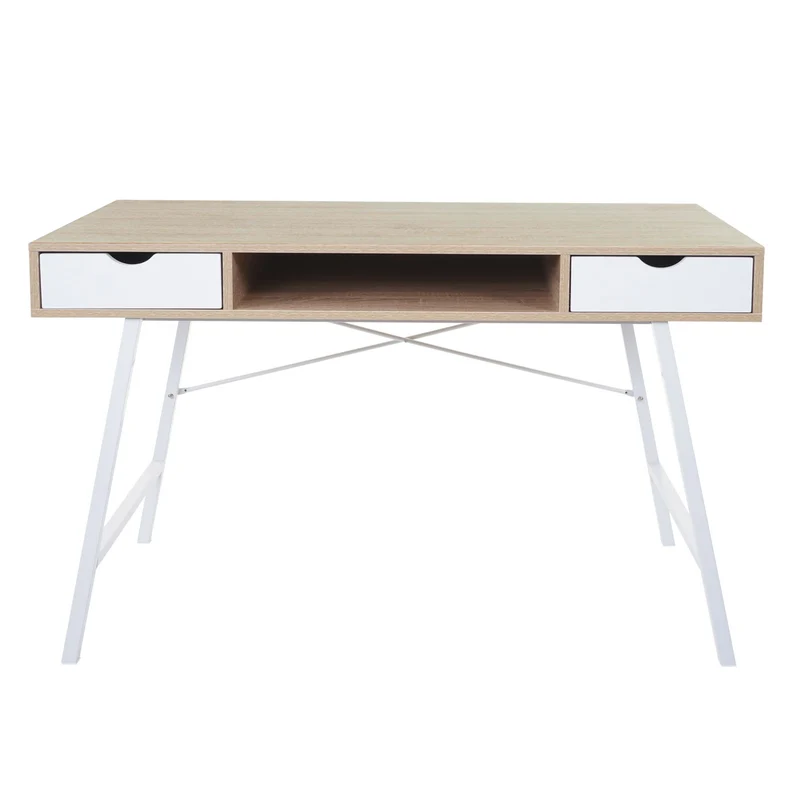 Bureau table d'ordinateur design scandinave avec 2 tiroirs 120x60cm en MDF blanc et brun naturel 04_0001440