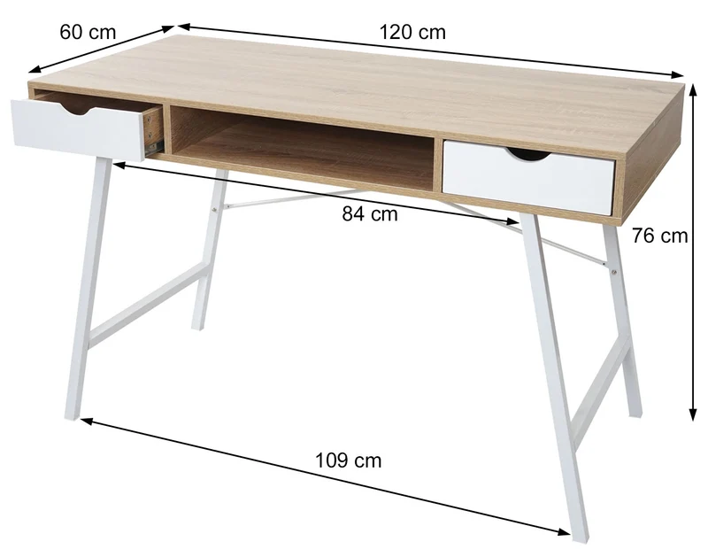 Bureau table d'ordinateur design scandinave avec 2 tiroirs 120x60cm en MDF blanc et brun naturel 04_0001440