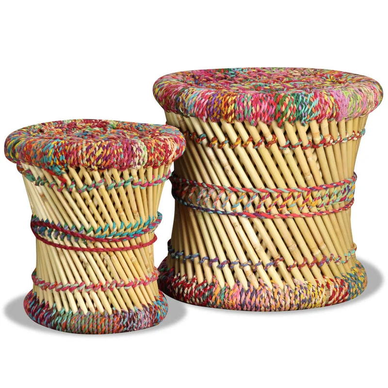 Lot de 2 tabourets assise poufs avec détails chindi en bambou multicolore DEC026382
