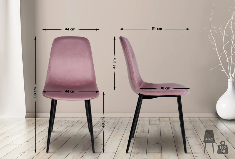 Chaise de salle à manger x1 design simple avec pieds en métal noir assise en velours rose 10_0002069