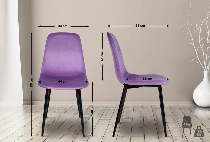Chaise de salle à manger design simple avec pieds en métal noir assise en velours violet 10_0002066