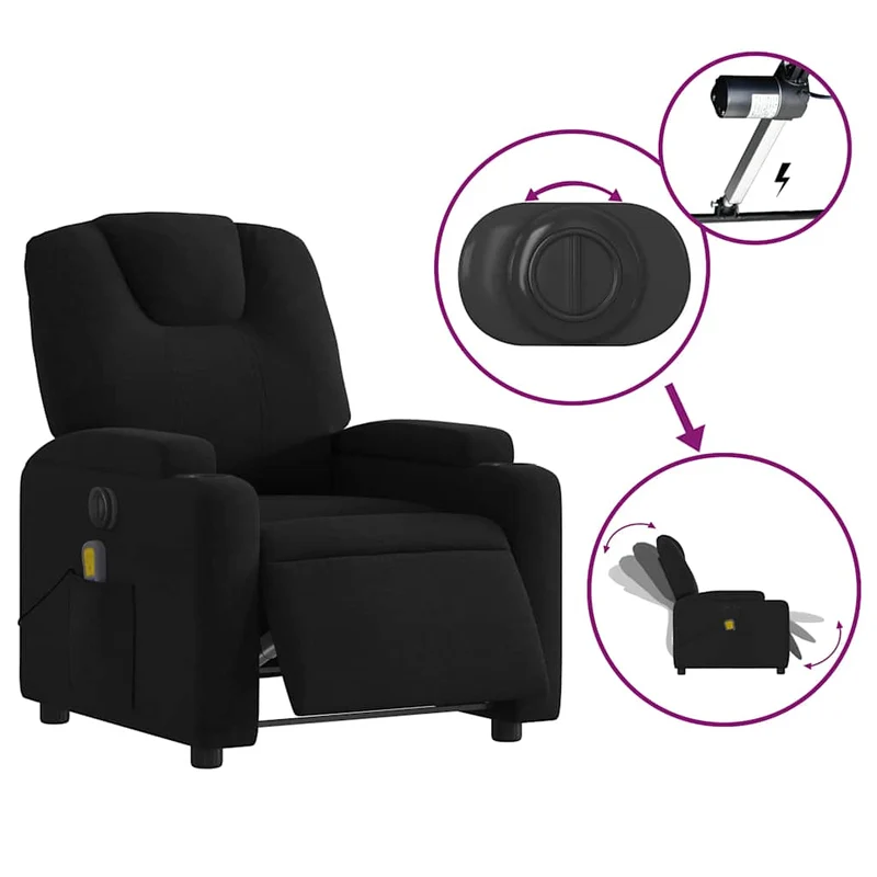 Fauteuil de relaxation TV fonction massage inclinable électrique 6 points de massage en tissu noir DEC027235