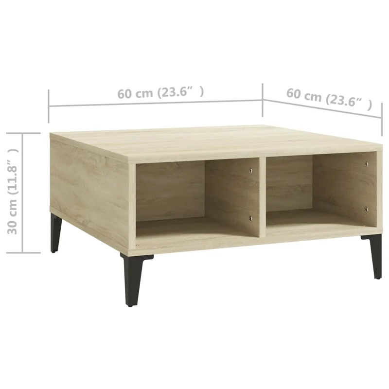 Table basse 4 compartiments design intemporel 60 x 60 x 30 cm bois d'ingénierie couleur chêne et métal DEC038979