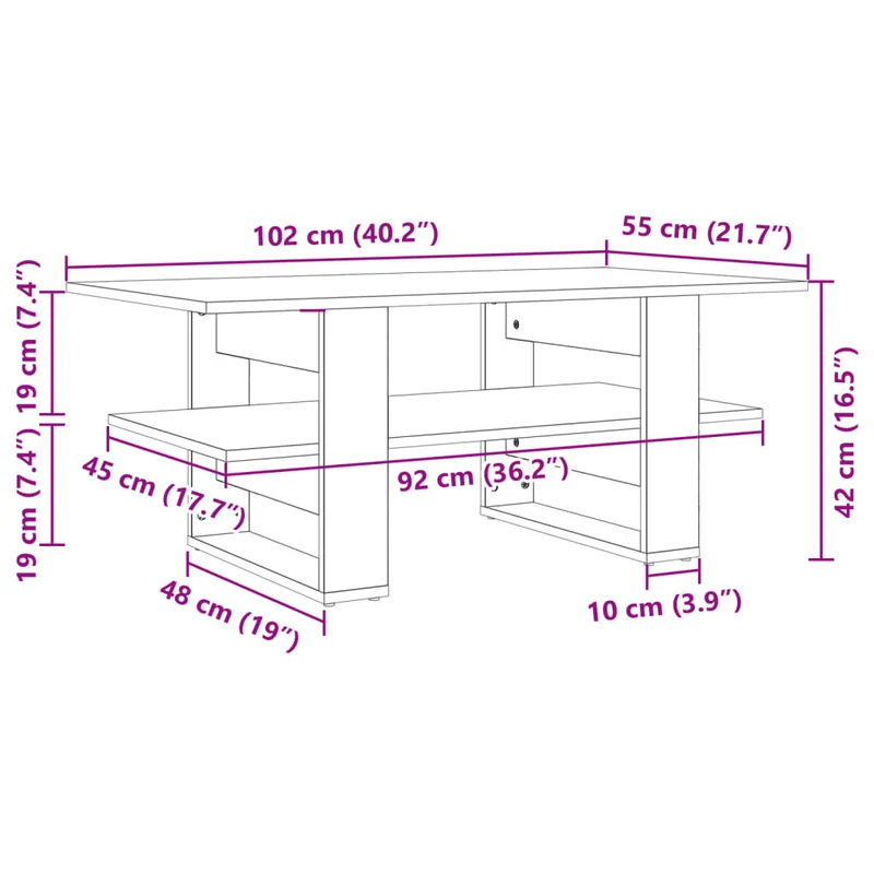 Table basse avc étagères design moderne et contemporaine 102 x 55 x 42 cm bois d'ingénierie noir DEC039611