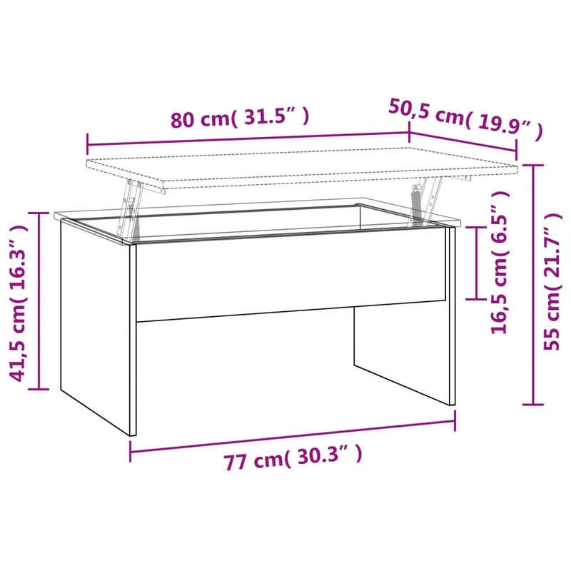 Table basse plateau relevable design moderne et contemporaine 80 x 50,5 x 41,5 cm bois d'ingénierie couleur chêne DEC038995