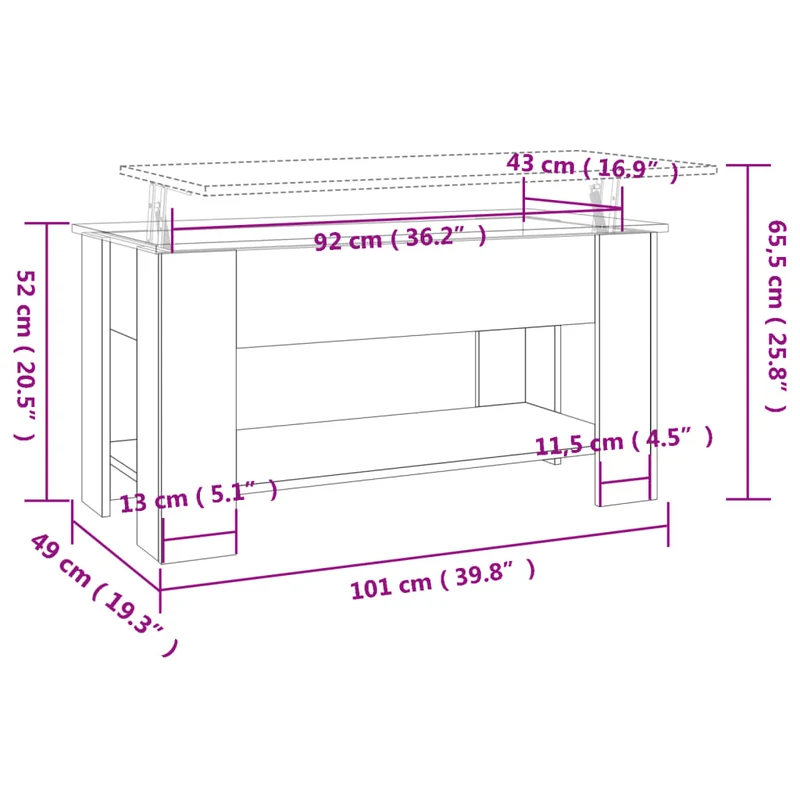 Table basse plateau relevable design moderne et contemporaine 101 x 49 x 52 cm bois d'ingénierie couleur chêne DEC038888