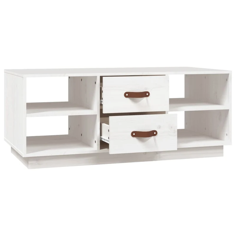 Table basse de salon avec compartiments et tiroirs design moderne 100 x 50 x 41 cm bois massif de pin blanc DEC037789