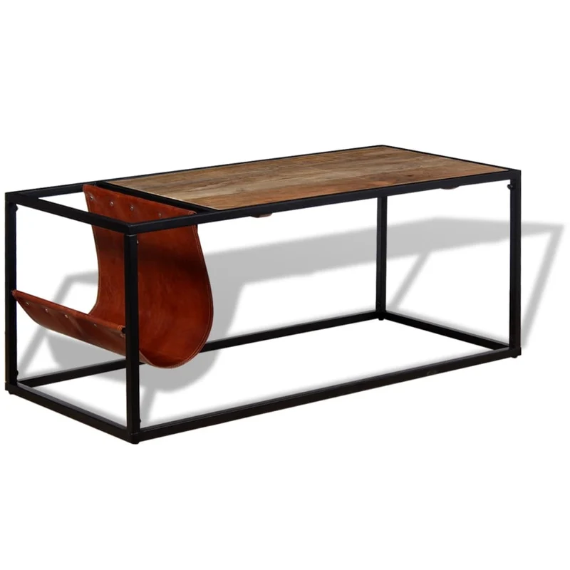 Table basse de salon design moderne avec porte-revues 110 x 50 x 45 cm cuir véritable marron et acier DEC037721
