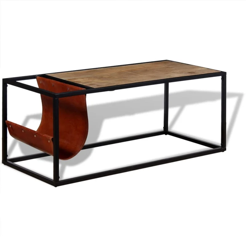 Table basse de salon design moderne avec porte-revues 110 x 50 x 45 cm cuir véritable marron et acier DEC037721