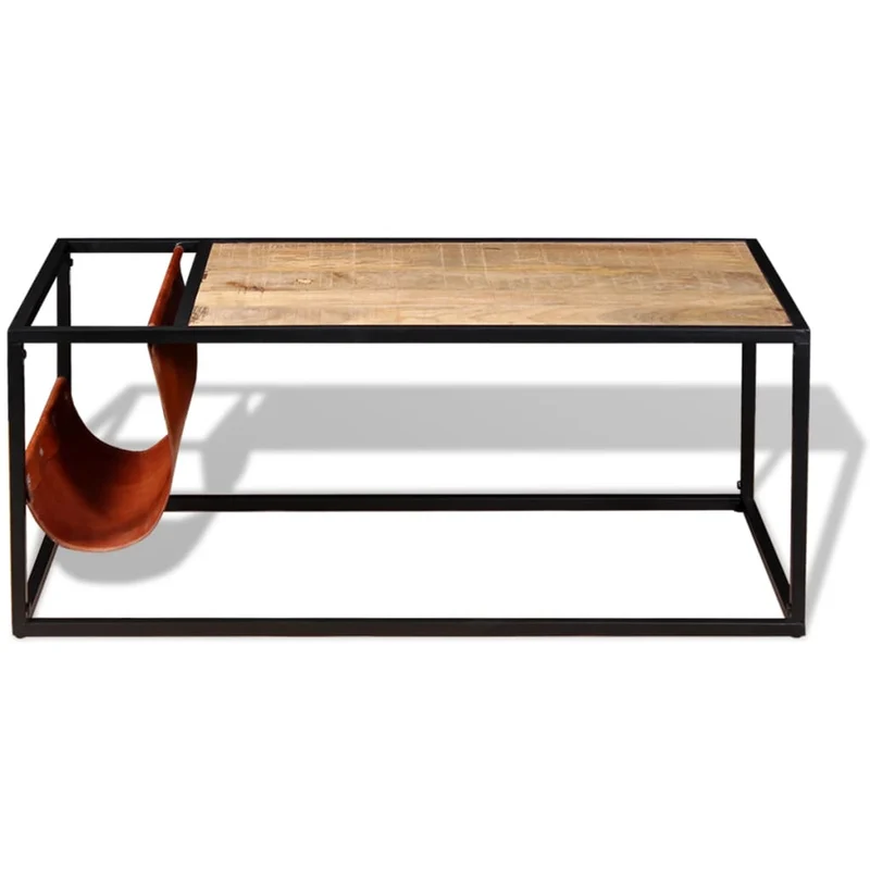 Table basse de salon design moderne avec porte-revues 110 x 50 x 45 cm cuir véritable marron et acier DEC037721