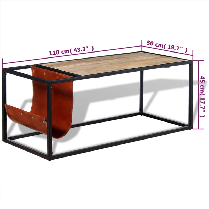 Table basse de salon design moderne avec porte-revues 110 x 50 x 45 cm cuir véritable marron et acier DEC037721