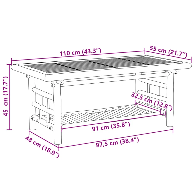 Table basse de salon design exotique 110 x 55 x 45 cm bambou avec une finition naturelle DEC037001