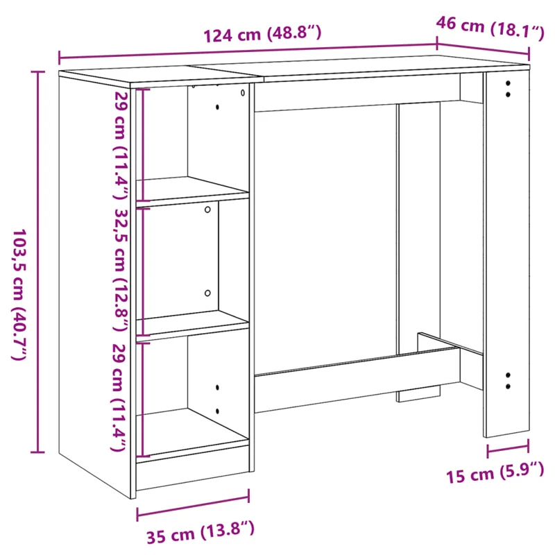 Table d’appoint multifonction avec étagère 124 x 46 x 103,5 cm bois d'ingénierie marron effet vieilli DEC036356