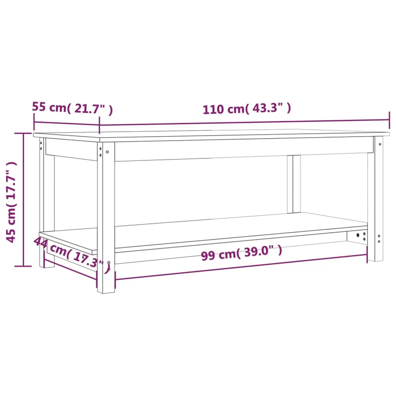 Table basse de salon design rustique 110 x 55 x 45 cm bois massif de pin non traité DEC037003