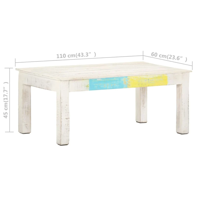 Table basse de salon design industriel 110 x 60 x 45 cm bois de manguier blanc coloré DEC037853