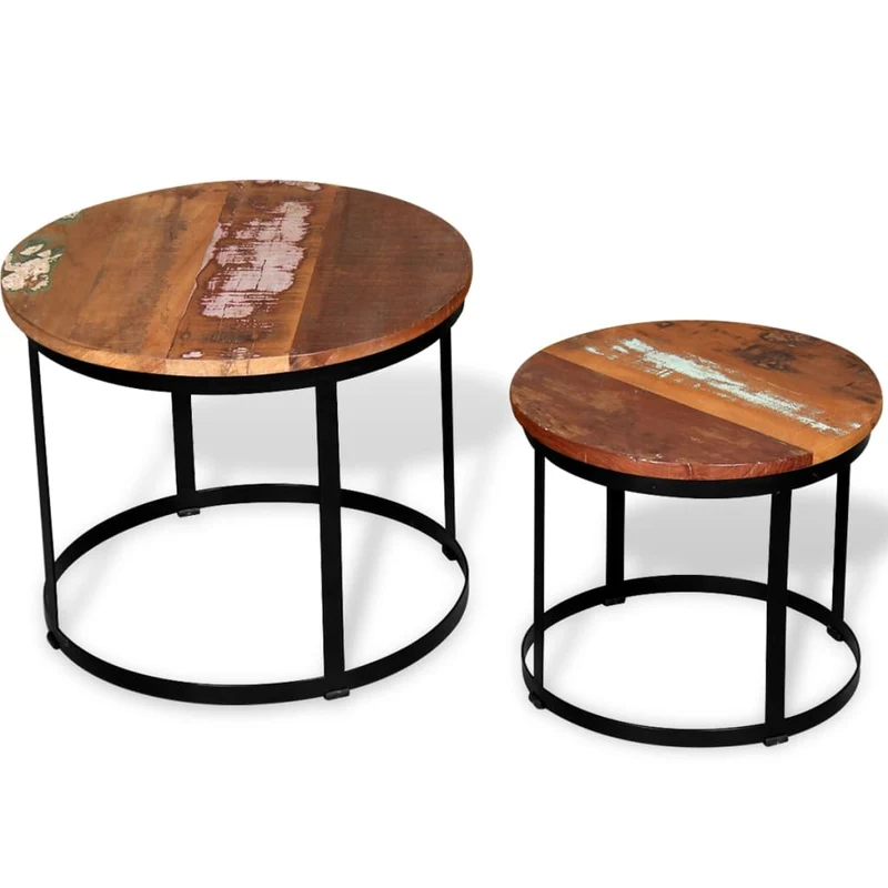 Lot de 2 table basse de salon design industriel cadre en fer plateau bois massif récupéré DEC037034