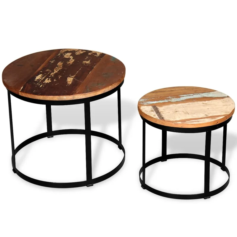 Lot de 2 table basse de salon design industriel cadre en fer plateau bois massif récupéré DEC037034