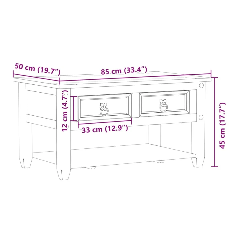 Table basse de salon design classique avec tiroirs 85 x 50 x 45 cm bois de pin massif DEC037763