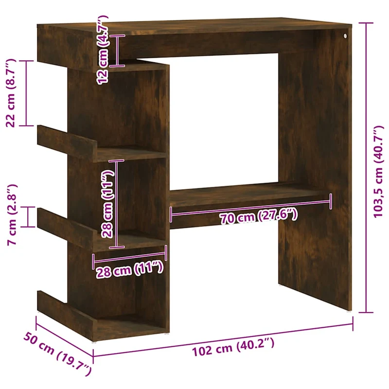Table d’appoint multifonction table de bar avec étagère de rangement en bois d'ingénierie marron DEC036452