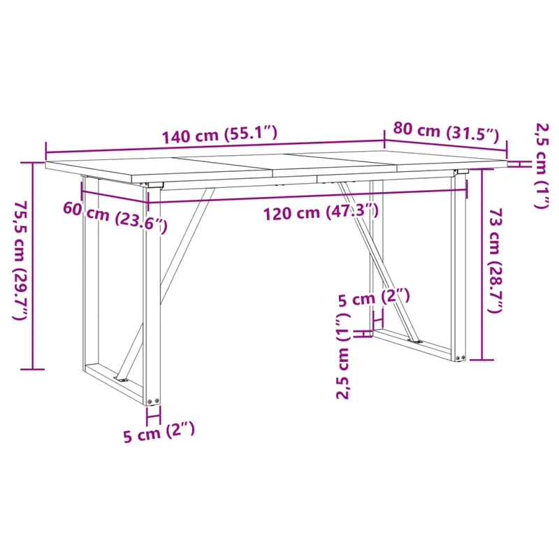 Table de salle à manger design industriel 140 x 80 x 75,5 cm bois de pin et acier DEC036783
