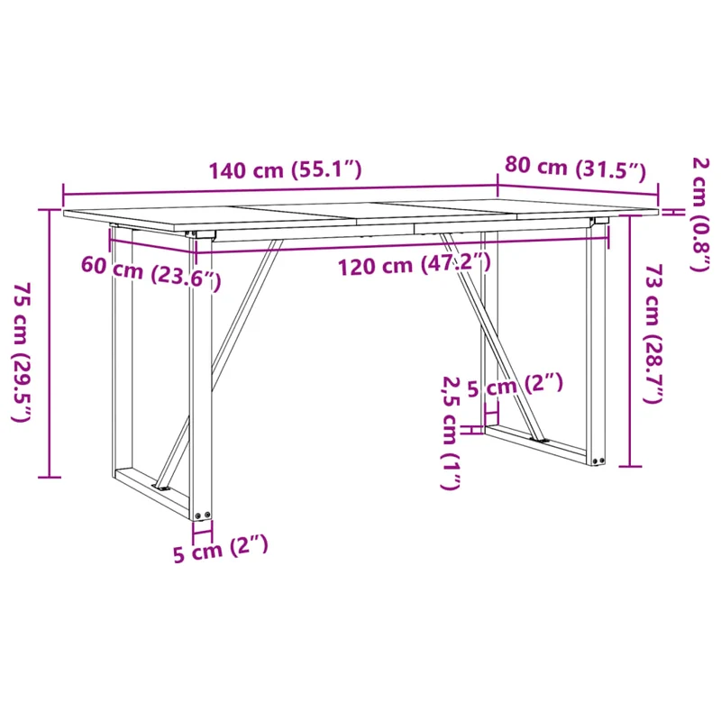 Table de salle à manger design industriel 140 x 80 x 75 cm bois de pin massif et acier DEC036782