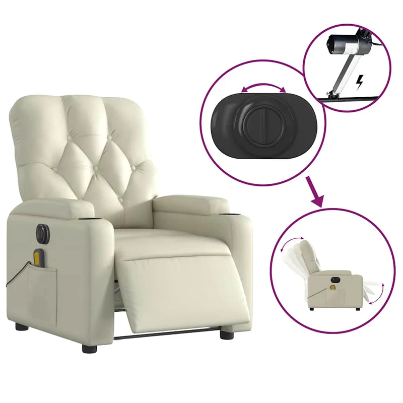 Fauteuil de relaxation TV fonction massage inclinable électrique 6 points de massage en PVC crème DEC027155