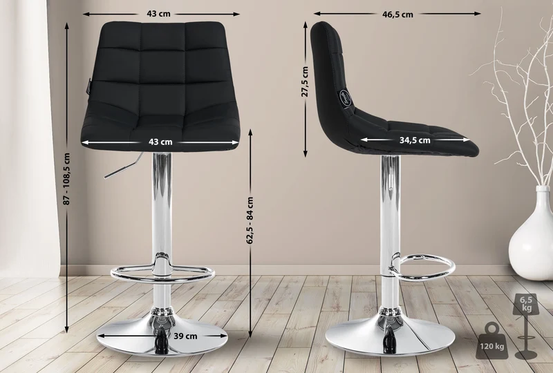 Lot de 2 tabourets de bar en synthétique noir base métal chromé réglable en hauteur et repose-pieds TDB10641