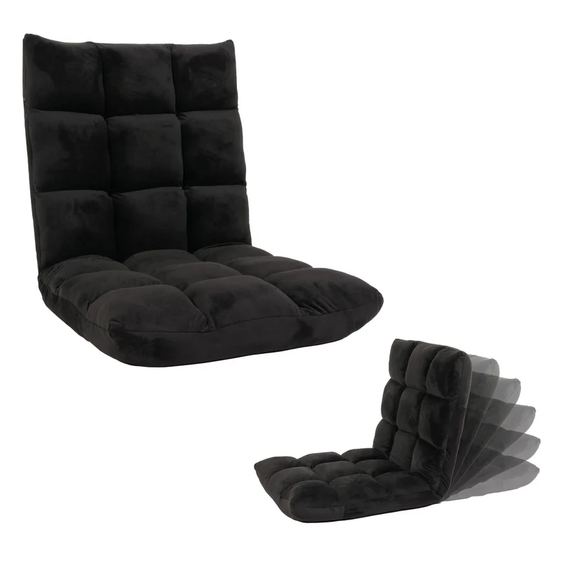 Chaise de sol coussin de sol dossier réglable sur 6 positions de relaxation cadre stable velours noir 04_0006365