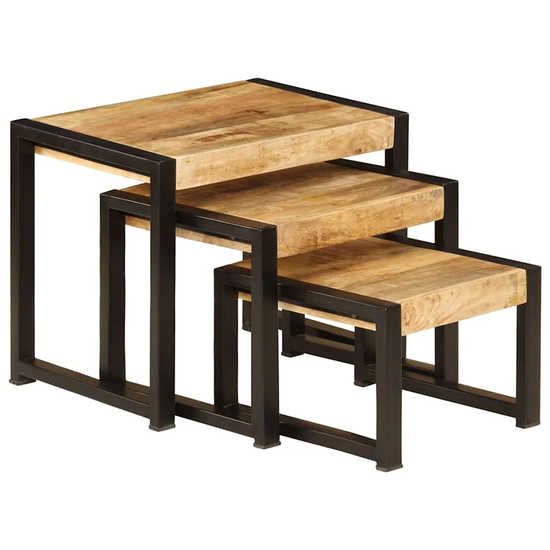 Lot de 3 tables d'appoint gigognes en bois solide de manguier et acier noir DEC032711
