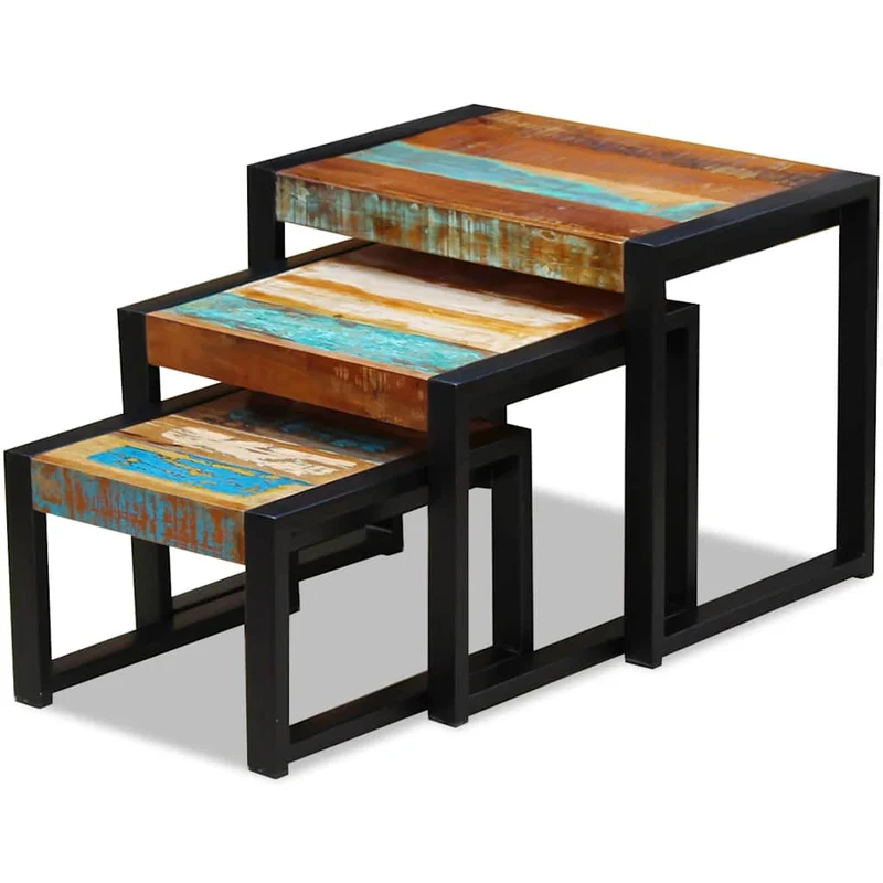 Lot de 3 tables d'appoint gigognes en bois de récupération massif multicolore et acier DEC032705