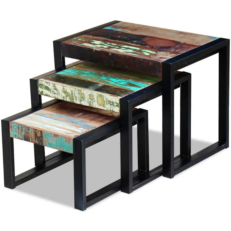 Lot de 3 tables d'appoint gigognes en bois de récupération massif multicolore et acier DEC032705