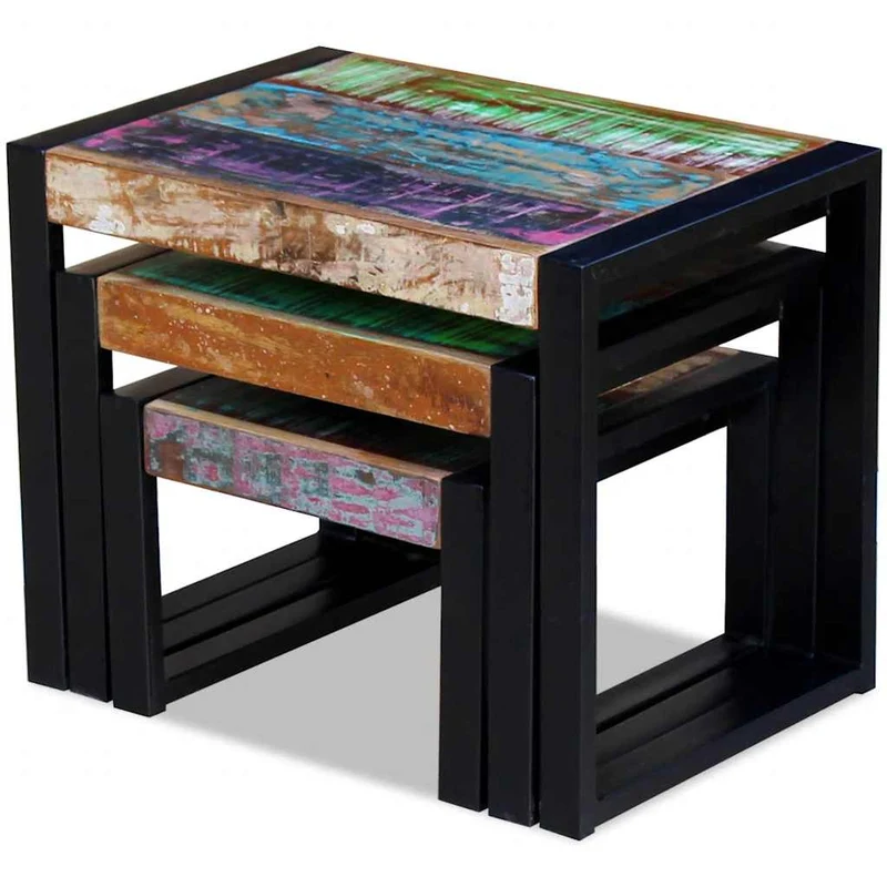 Lot de 3 tables d'appoint gigognes en bois de récupération massif multicolore et acier DEC032705
