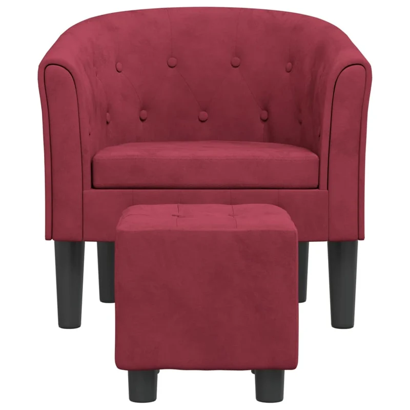 Fauteuil lounge design moderne avec repose-pieds en velours rouge bordeaux DEC026844
