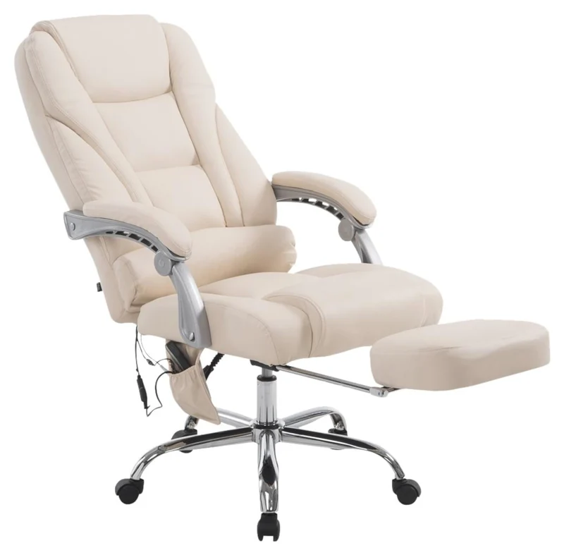 Fauteuil de bureau avec fonction massage repose-pieds dossier inclinable en PVC crème 10_0002583