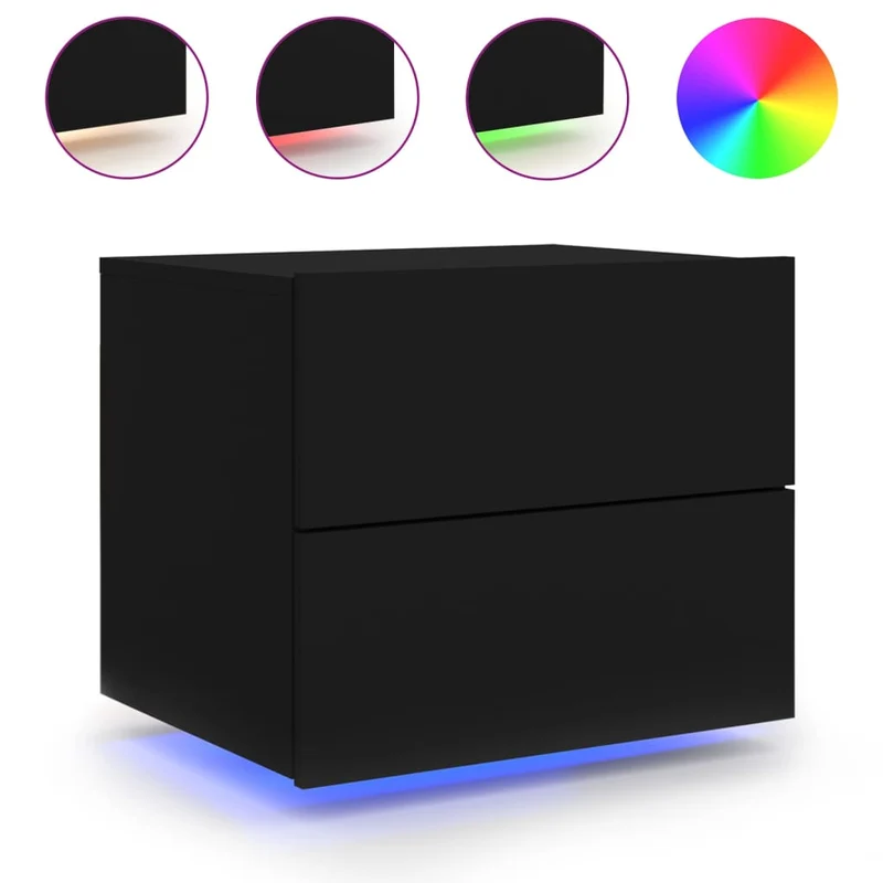 Lot de 2 tables de chevet murales avec tiroirs et lumières LED en bois d'ingénierie noir DEC036161