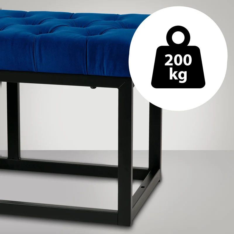 Banquette banc bout de lit longueur 120 cm en velours capitonné en velours bleu et métal noir 10_0003666