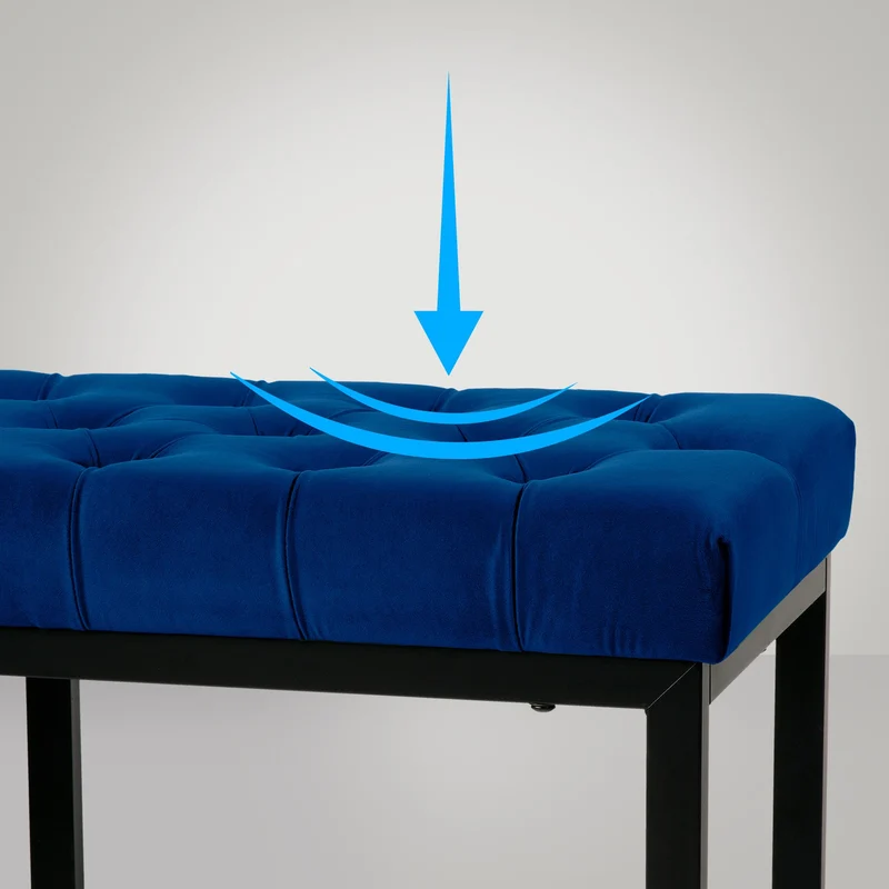 Banquette banc bout de lit longueur 120 cm en velours capitonné en velours bleu et métal noir 10_0003666