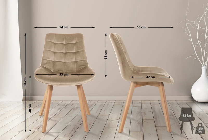 Chaise de salle à manger x1 design scandinave coutures carrées en velours marron pieds en bois clair 10_0002186