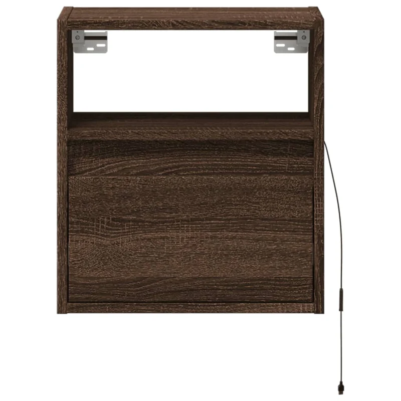 Table de chevet murale avec lumières LED tiroir et compartiment ouvert en bois d'ingénierie marron DEC034182