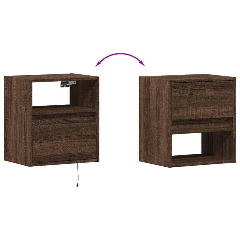 Table de chevet murale avec lumières LED tiroir et compartiment ouvert en bois d'ingénierie marron DEC034182