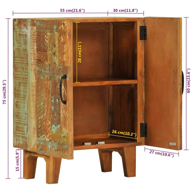 Buffet meuble d'appoint sculpté à la main 55 x 30 x 75 cm bois massif récupération multicolore DEC031228