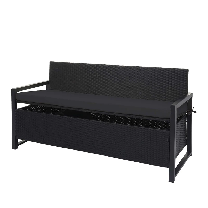 Banc banquette avec compartiment de rangement 3 places en polyrotin anthracite coussin noir 04_0005800