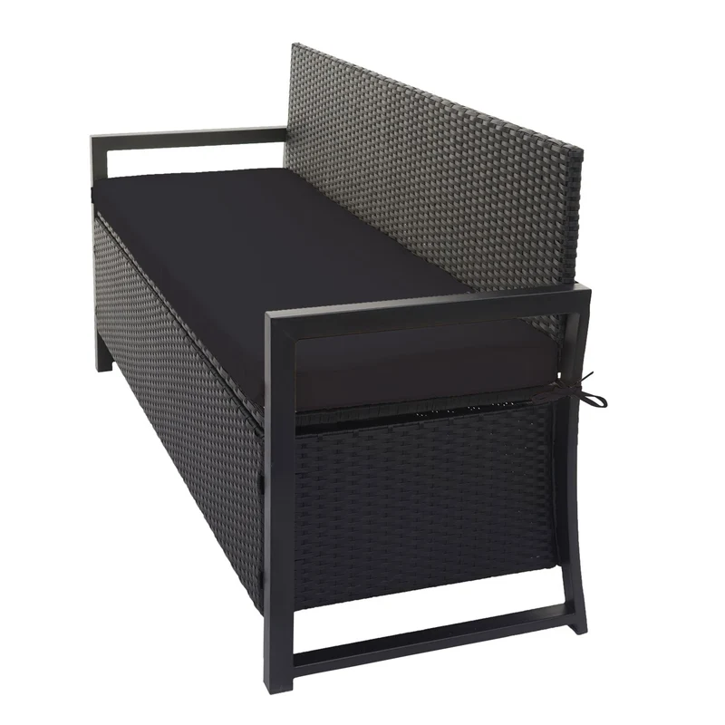 Banc banquette avec compartiment de rangement 3 places en polyrotin anthracite coussin noir 04_0005800