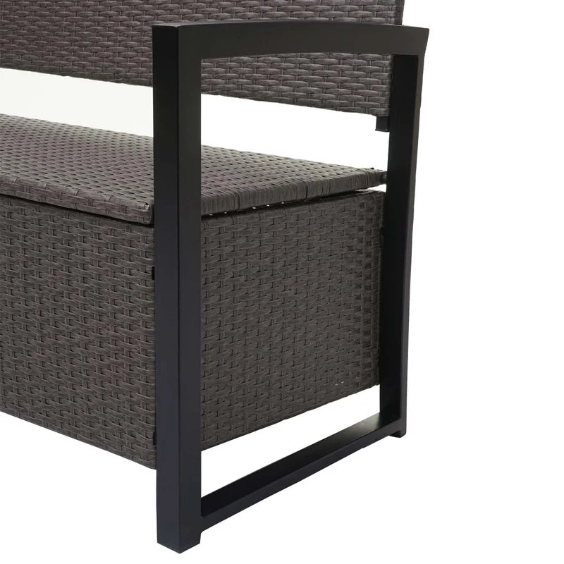 Banc banquette avec compartiment de rangement 3 places en polyrotin gris chiné coussin vert 04_0005801