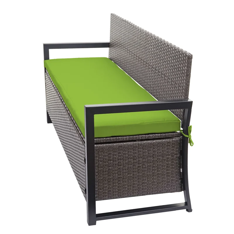 Banc banquette avec compartiment de rangement 3 places en polyrotin gris chiné coussin vert 04_0005801