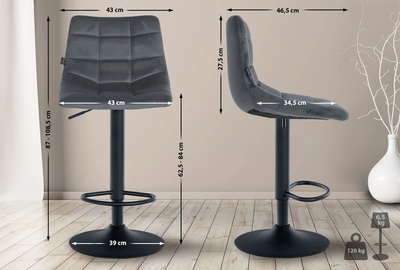 Lot de 2 tabourets de bar en velours gris foncé base métal noir réglable en hauteur et repose-pieds TDB10626