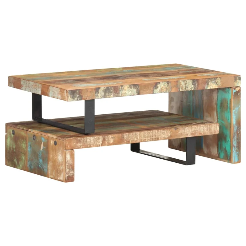 Ensemble de deux tables basse en bois de récupération coloré et fer DEC031239